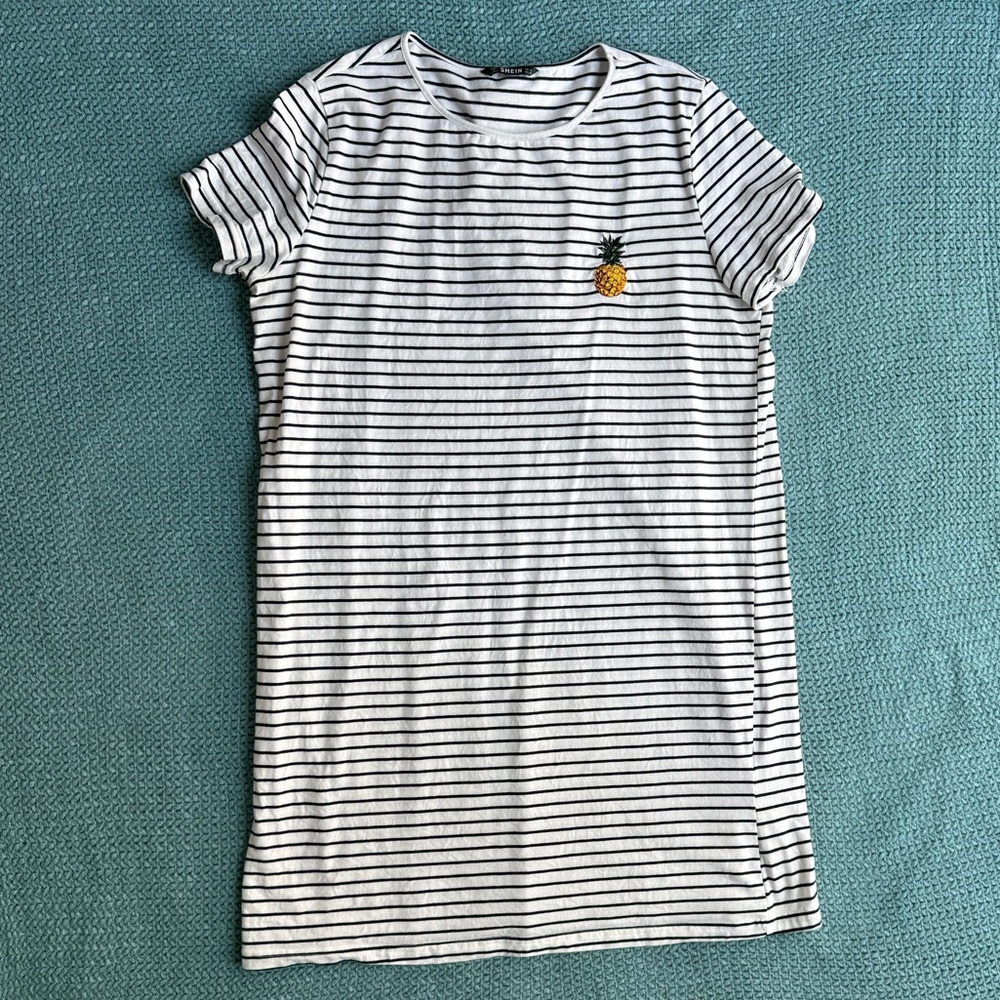 Striped Tshirt Dress with Pineapple Embroidery